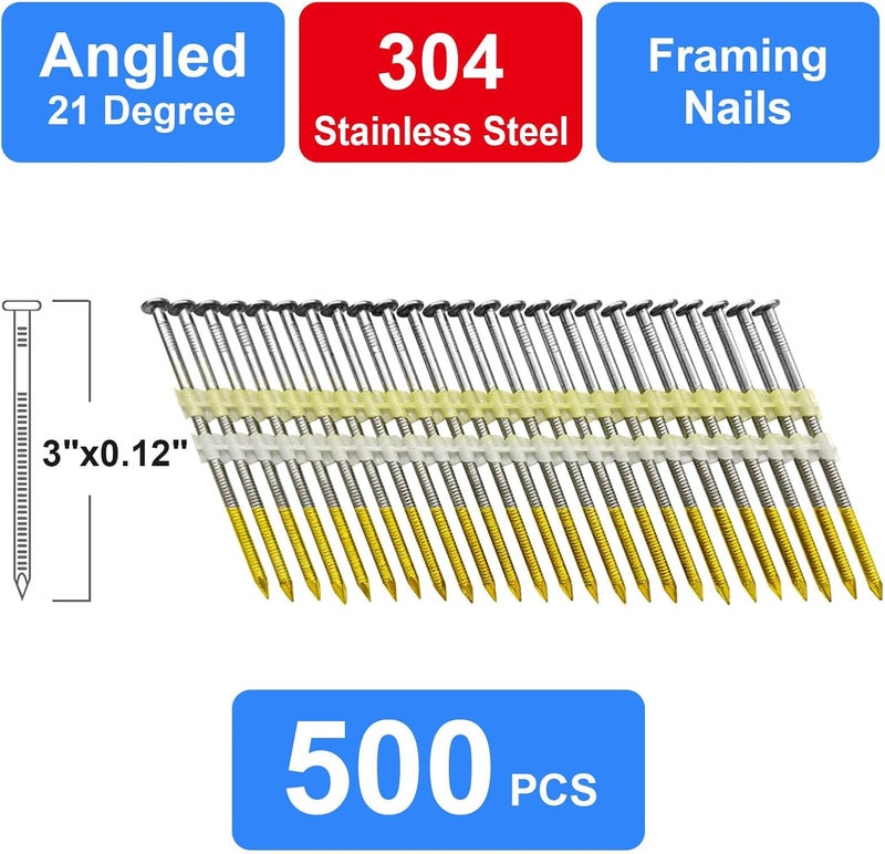 SimCos Framing Nails 304 Stainless Steel 21° Full Round Head Nail 21 Degree Ring Shank Nail for Pneumatic, Electric 21 degree Framing Nailer (3"-500 pcs) - Image 3